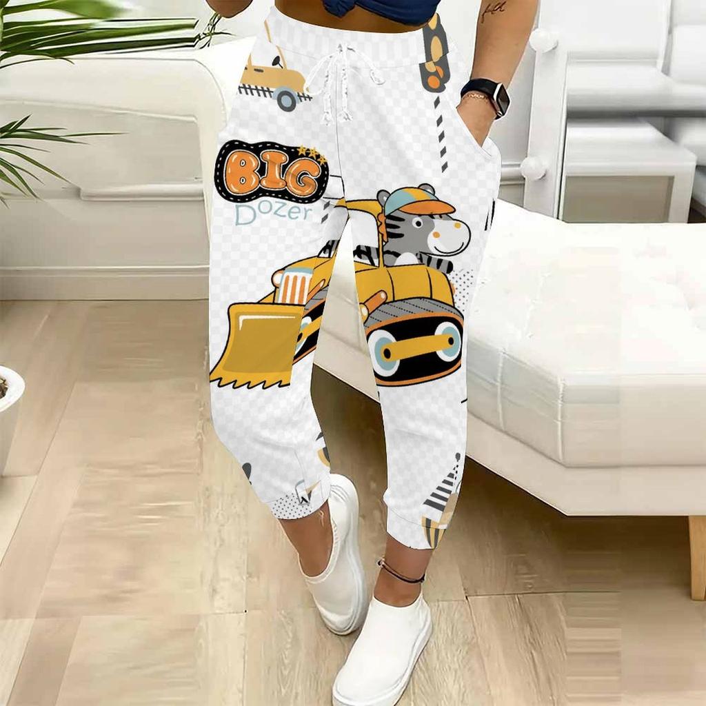 Women Plus Size Printed Jogger Pants Dark Navy Gold Pattern Drawstring Waist Side Pockets Cuffed Ankle