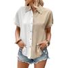Women Casual Summer Polo Collar Loose Short Sleeve Contrast Blouse Single Breasted Top
