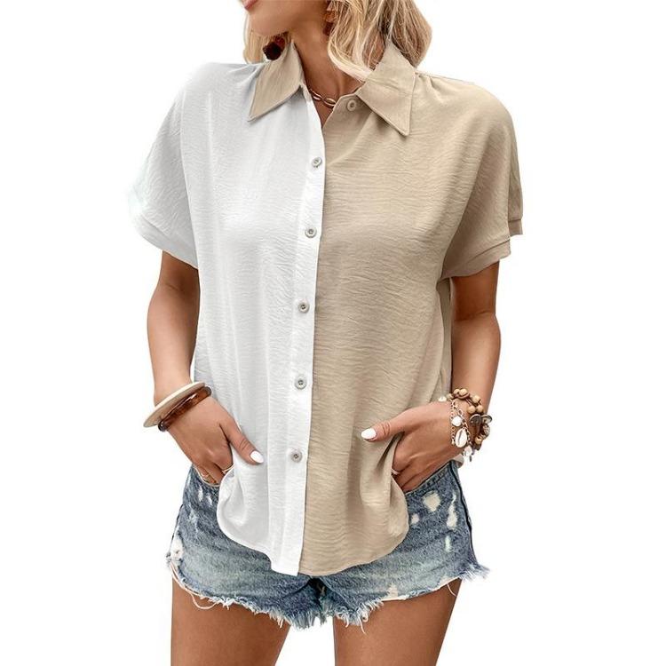 Women Casual Summer Polo Collar Loose Short Sleeve Contrast Blouse Single Breasted Top