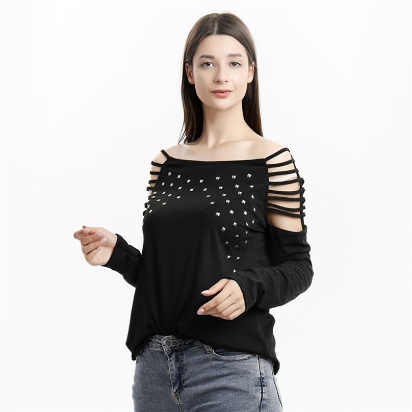 European Style Autumn Fashion Ladies O-neck Cutout Diamond Long-sleeved T-shirt