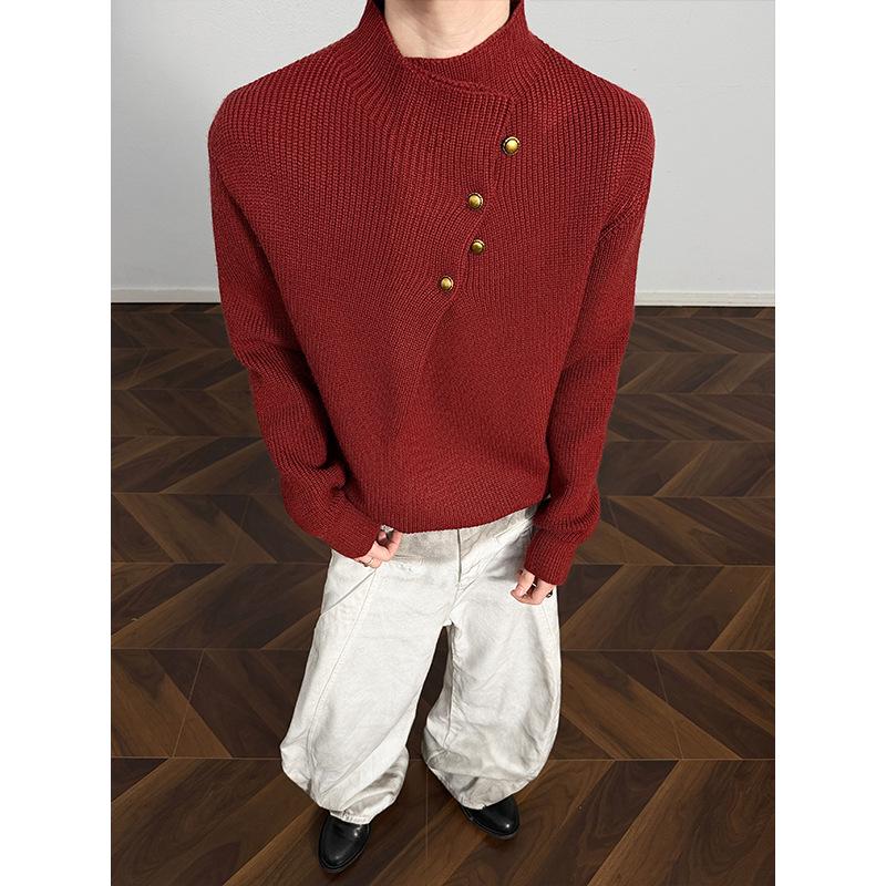 Hoge Hals Trui voor Mannen in Koreaanse Stijl met Onregelmatig Knopenontwerp - Trendy, Cool, Casual Gebreide Top