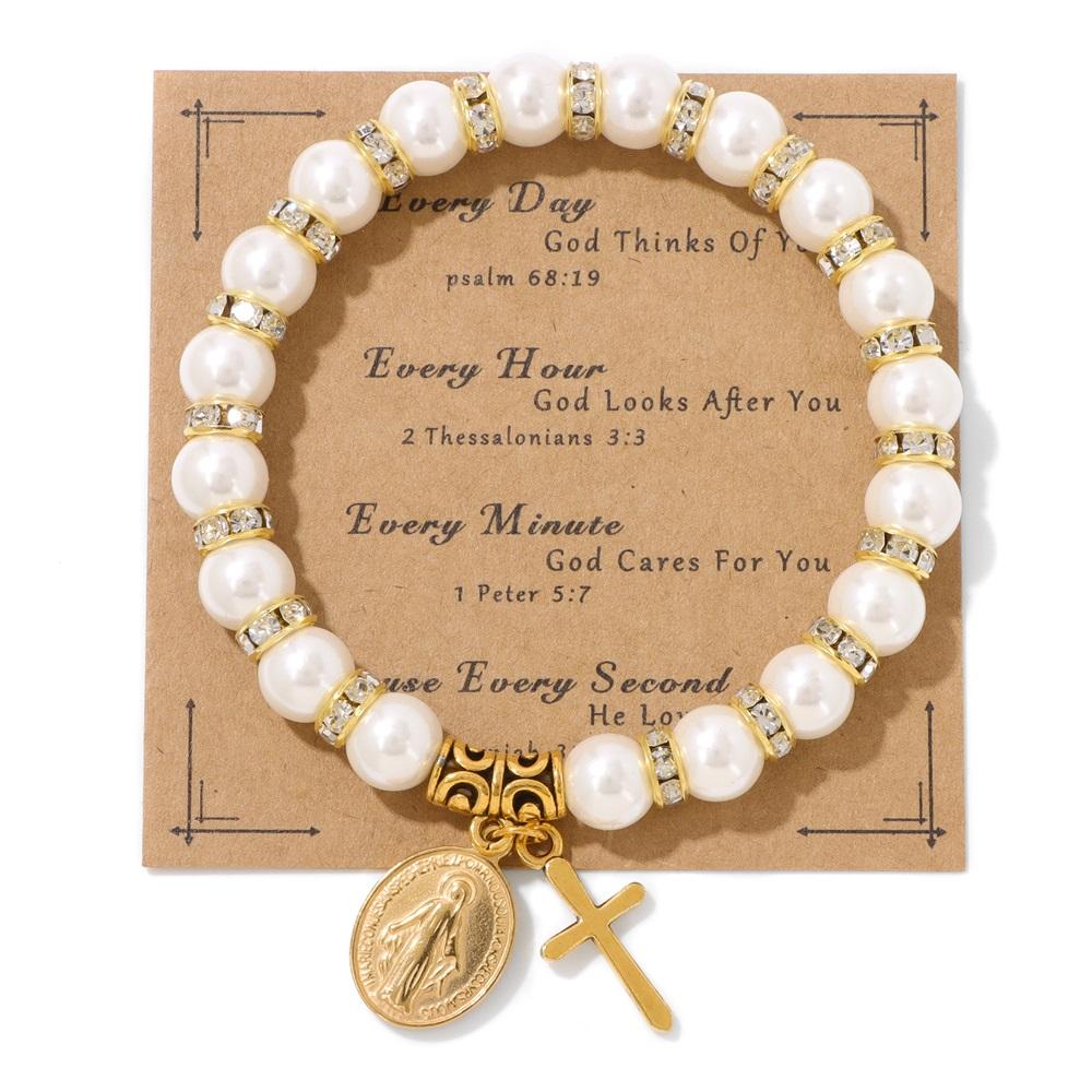 Imitation pearl Beaded Jesus Cross Bracelet Saint Benedict Rosary Cross Bracelet