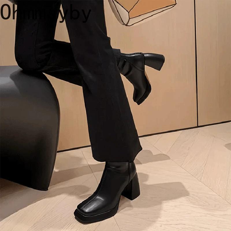 Vintage dámské kotníkové boty se čtvercovou špičkou, módní kotníkové boty se zadním zipem, podzimní zimní dámské stručné dlouhé kotníkové boty