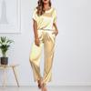 Women's Silk Solid Color Pajama Set Short Sleeve Shirt And Long Pajama Pants Set Soft Pajamas Loungewear