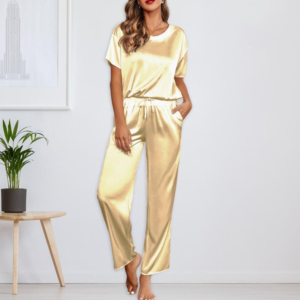 Women's Silk Solid Color Pajama Set Short Sleeve Shirt And Long Pajama Pants Set Soft Pajamas Loungewear