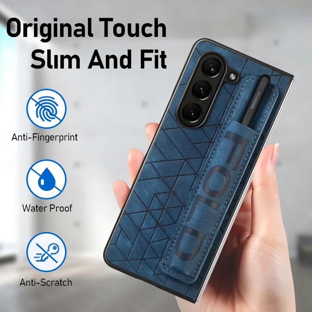 PU Leather Wrist Strap Cover for Samsung Galaxy Z Fold 6 5 4 3 5G Hard Phone Case with S Pen Holder & Finger Grip(no Pen)