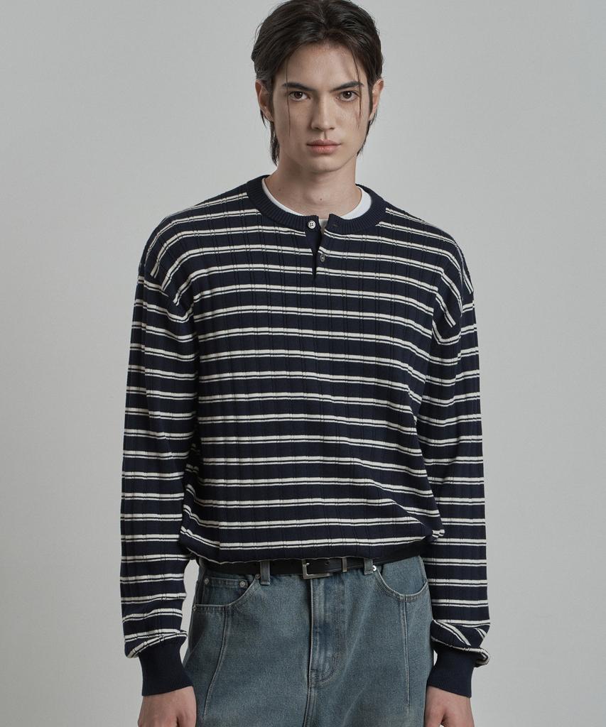WORK ON BODY OFF Pano Semi-Overfit Striped Henley Neck Knit [Navy]