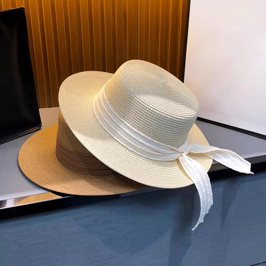 Women's Summer Straw Hat with Ribbon, Wide Brim Sun Protection Beach Cap, Elegant Flat Top Fisherman Hat for Outdoor Use