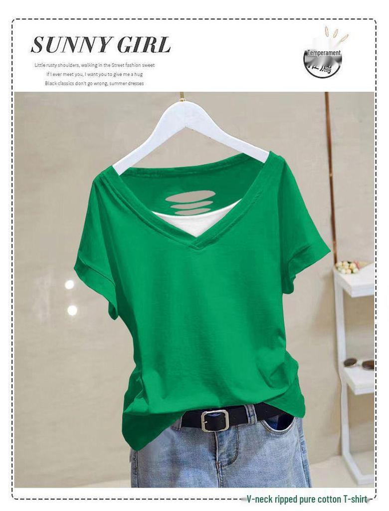 Korean Style Women's Cotton Short Sleeve T-Shirt - Versatile, Loose Fit, Slimming, Trendy for Summer 2025