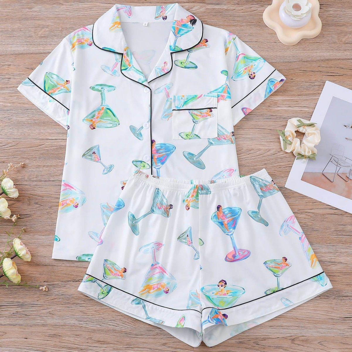 

Summer Lapel Home Clothes 3D Digital Printing Women s Short Sleeve Shorts Pajamas Set Factory Direct Sales S білий