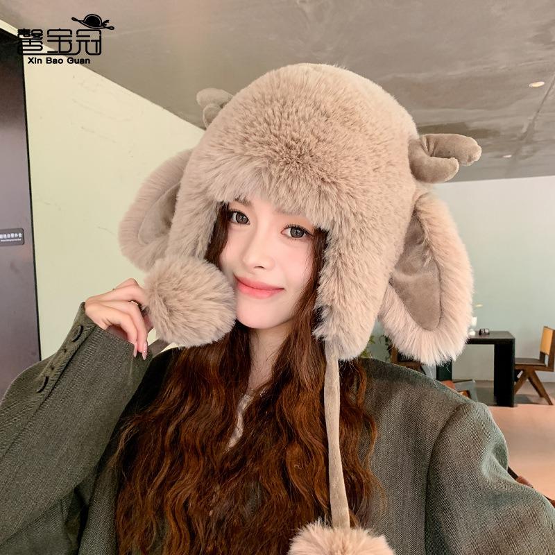 Cute plush hat women's winter outdoor cold protection, warm ear protection, antlers show face, small pullover hat