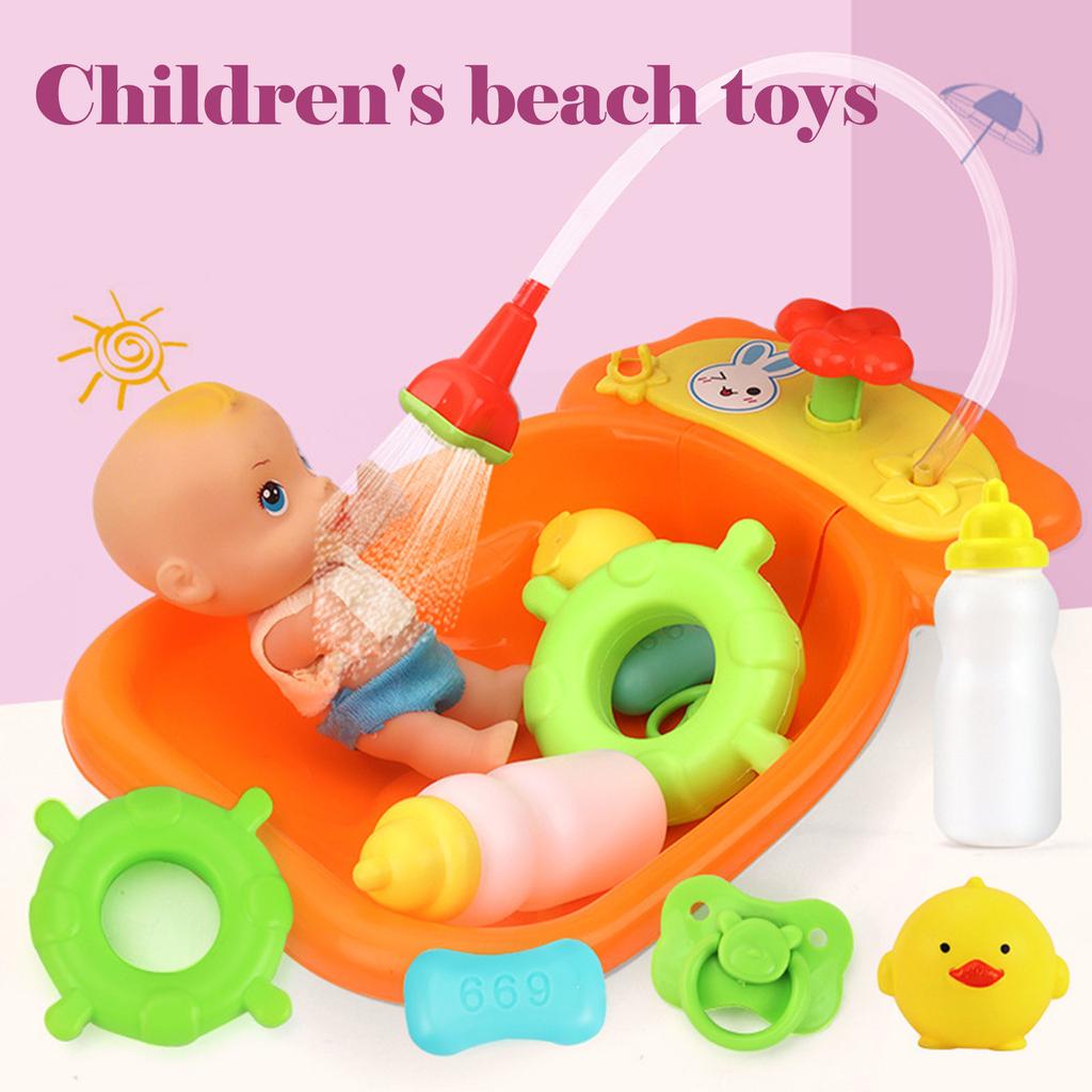 Kids Plastic Bath Tub Doll Set Pretend Role Play Toy with Shower Accessories