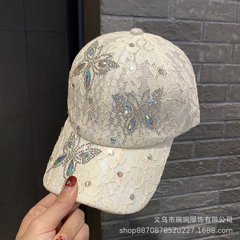 Lace rhinestone butterfly baseball cap children's summer outdoor shading breathable sun protection cap fashion duck tongue sun hat