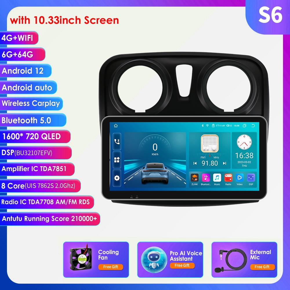 

2din Android Авторадіо для Renault Logan 2 2012 - 2019 Sandero 2 Автомагнітола Мультимедіа Відеоплеєр GPS Navi Головний пристрій Carplay 4G Intelligent Screen S6 8Core 6G 64G AI-3