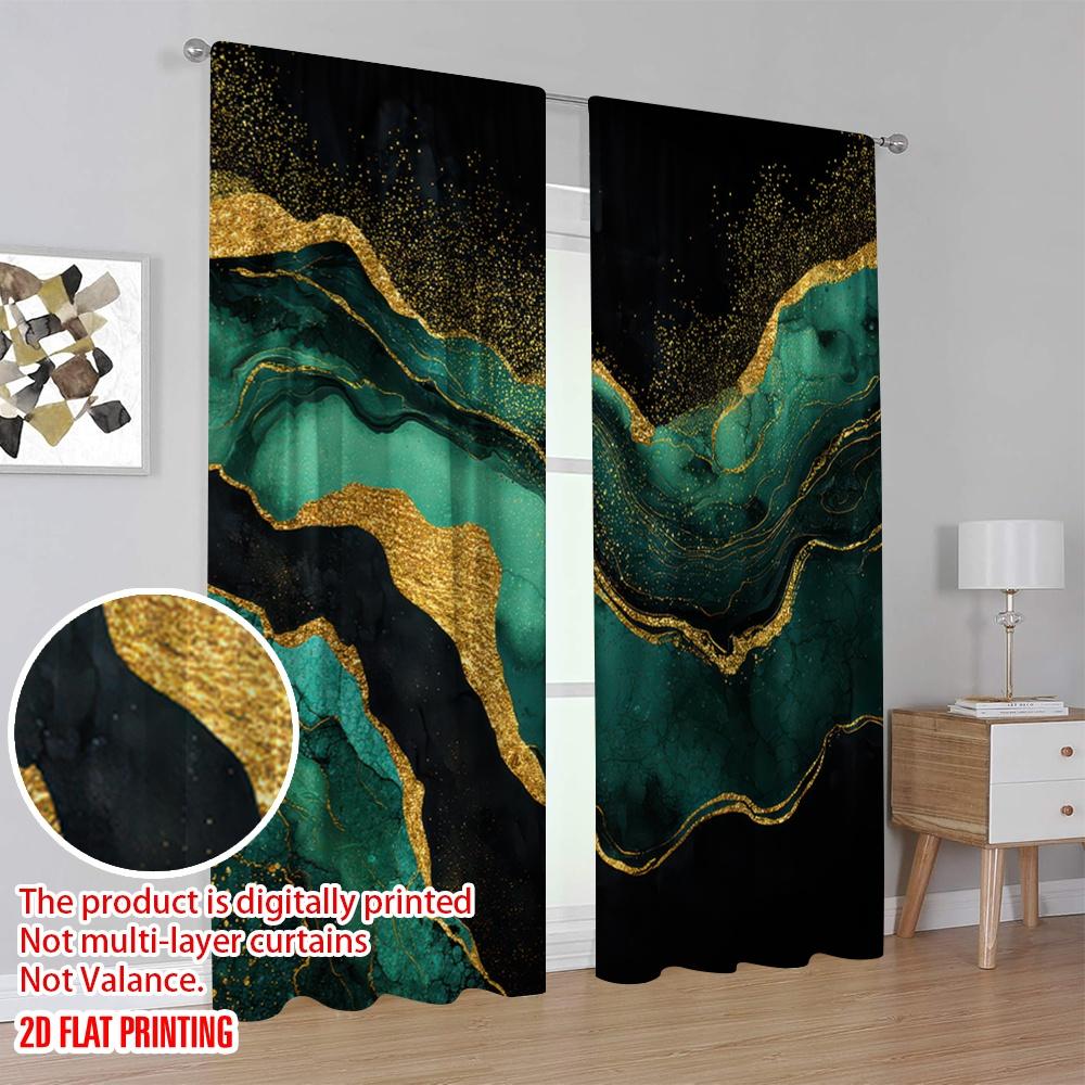 Set aus 2 flachen Druck-Partyvorhängen Smaragd Gold Marmorstruktur Polyester Ohne Strom Festliche Feiertagsnutzung Hauswand Hergestellt
