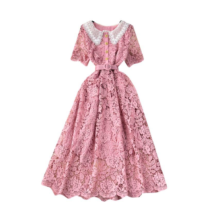French Dress Female 2024 New Arrival Sweet Contrast-Color Doll Collar Breasted Silm Mid Length Long Length Lace Formal Dress