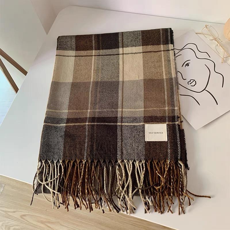 Korean Version of the New Retro Plaid Scarf Women's Winter Versatile Japanese Long Warm Imitation Cashmere Scarf Manufacturer Customization