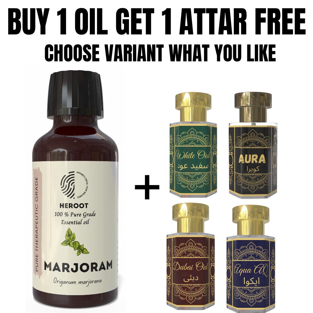 Marjoram Essential Oil 10ml for Aromatherapy & Home Fragrance Get 1 Free 6 Ml Attar – Aqua AQ, Dubai Oud, Aura, White Oud