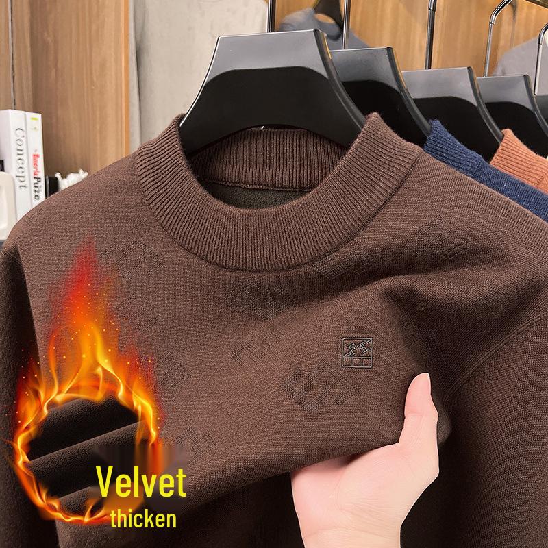 Men's Half-High Collar Jacquard Sweater with Velvet Lining - Warm, Skin-Friendly Knit Base Layer for Fall/Winter