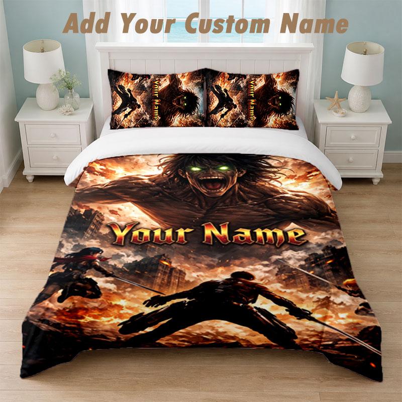 Bedding Set 1 Duvet Cover 2 Pillowcases Attack on Titan Print Soft Bed Linen Bedroom Decor