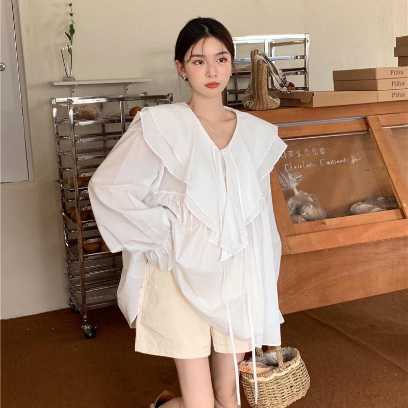 Vintage Sladké Volánkové Košile Dámské 4XL Bílé Elegantní Oversize Ochrana proti Slunci Blůzy Korejský Roztomilý Zvonový Rukáv Volné Ležérní Topy