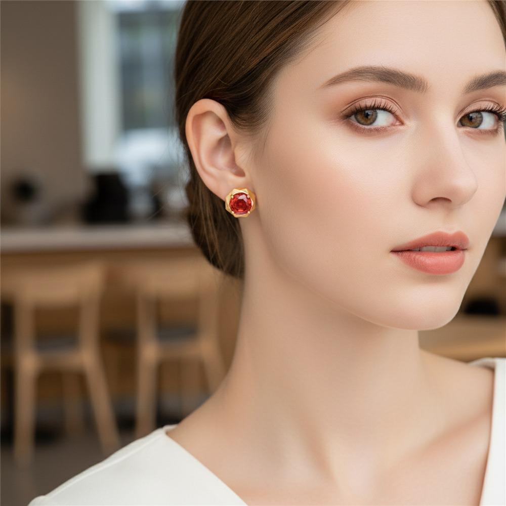Elegant Octagonal Rose Cut Geometric Earrings with High Carbon Diamond Gold Tone Red Earrings for Women