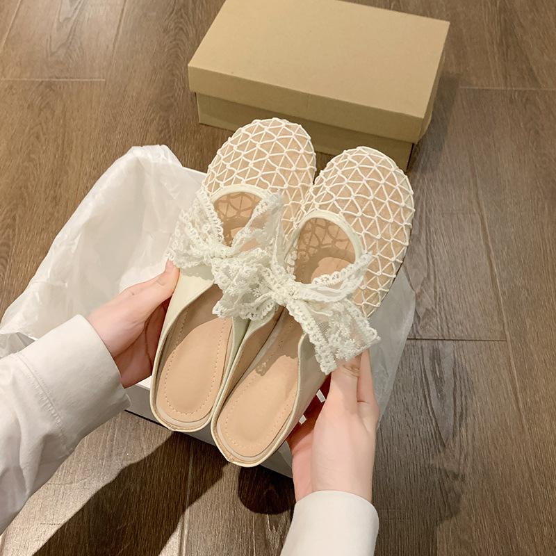 Baotou Half Slippers Women's Outer Wear 2025 Spring and Summer New Low-heeled Lace Bow Mary Jane Cool Slippers