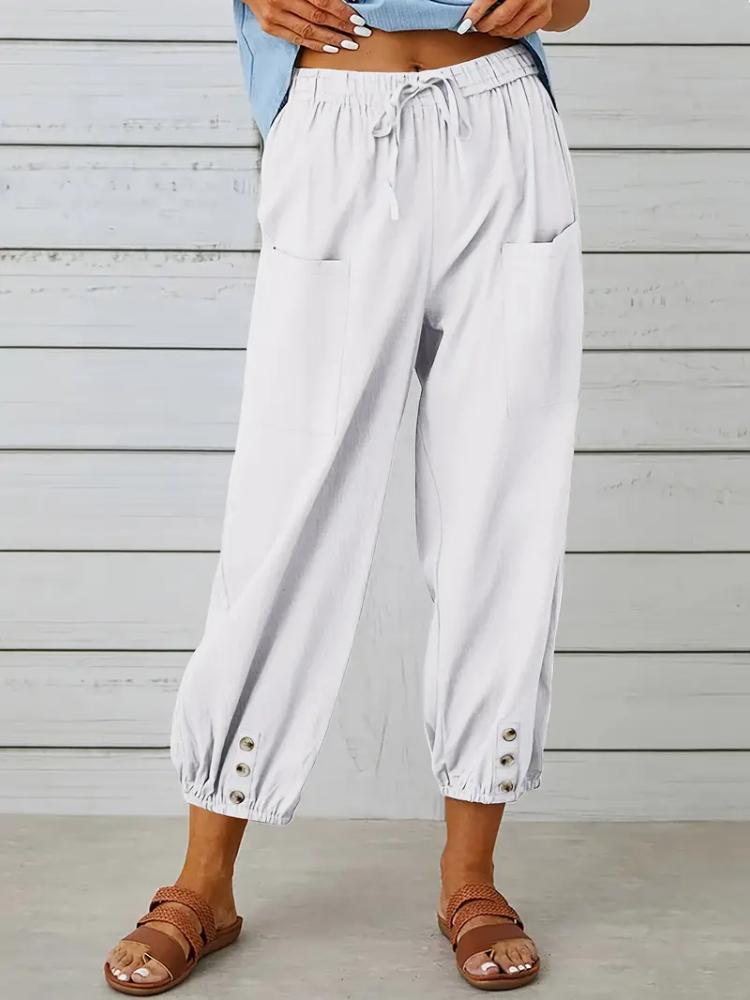 Women Capri Pants Drawstring High Waist Trousers Wide Leg Cropped Pants with Pockets