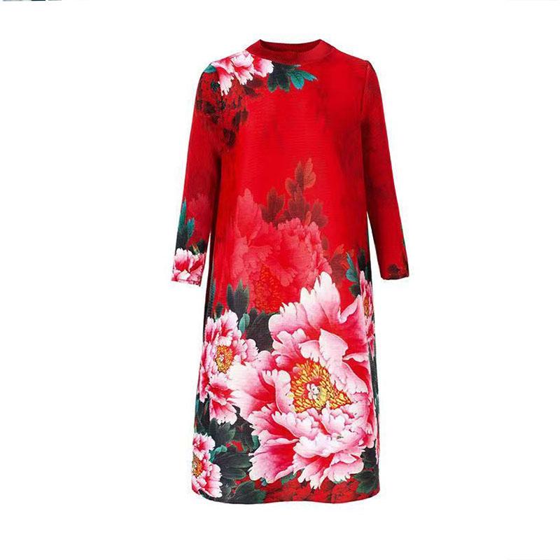 Frauen kleiden China stil mode lose falten kleid weibliche herbst neue sieben-punkt ärmel druck langen absatz rock kleid