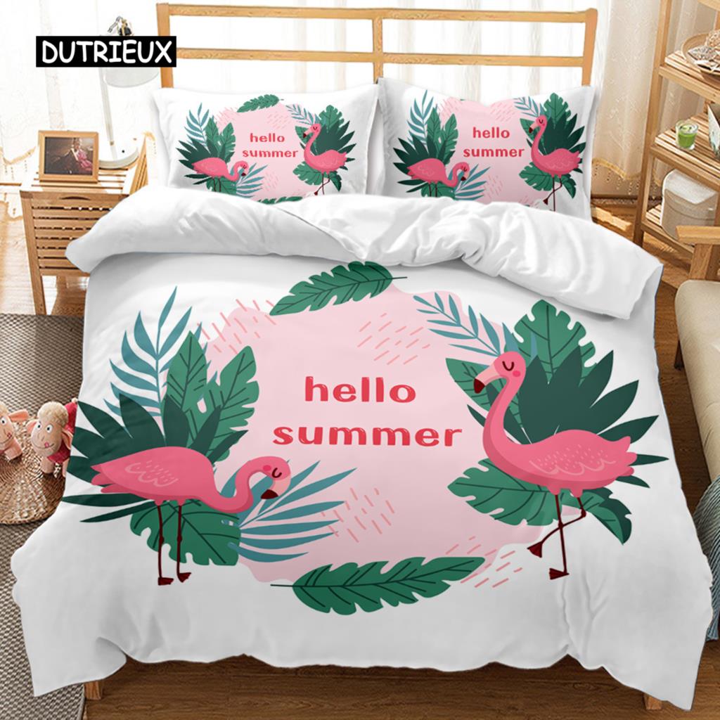 Flamingo Duvet Cover Couple Flamingo Palm Leaf Twin Bedding Set Tropical Botanical Leaves Summer King Size Polyester Quilt Cover