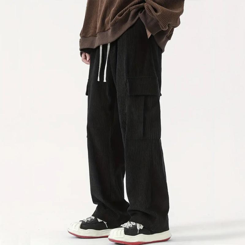 Men Olive Corduroy Cargo Wide Leg Pants Drawstring Elastic Waist Big Side Pocket Streetwear Loose Trousers