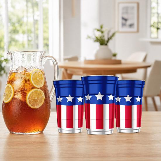 Hliníkový pohár k 250. výročí USA, Znovupoužitelný vlastenecký pivní hrnek, Červeno-bílo-modrý párty pohár pro 4. července, Pro kempování, piknik, grilování