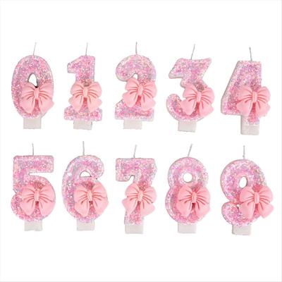 2025+ Velas Decorativas para Bolo de Número Laço Rosa Fofo Topper de Bolo de Aniversário para Menina Decoração Suprimentos de Festa 0- Vela