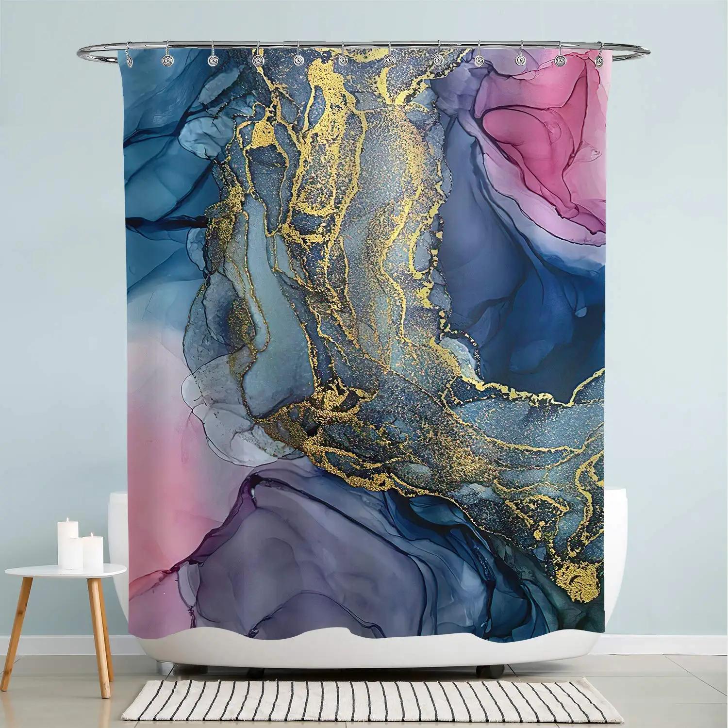 Grey Gold Marble Ink Texture Shower Curtain Set Abstract Modern Shower Curtain for Bathroom Decor Waterproof Washable Fabric (as the picture,W90xH180cm)