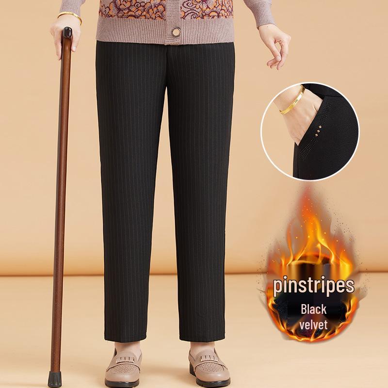 Mom's Plus Velvet Warm Cotton Pants for Middle-Aged and Elderly Women - Large Size, Loose-Fit, Suitable for Spring, Autumn, and Winter.