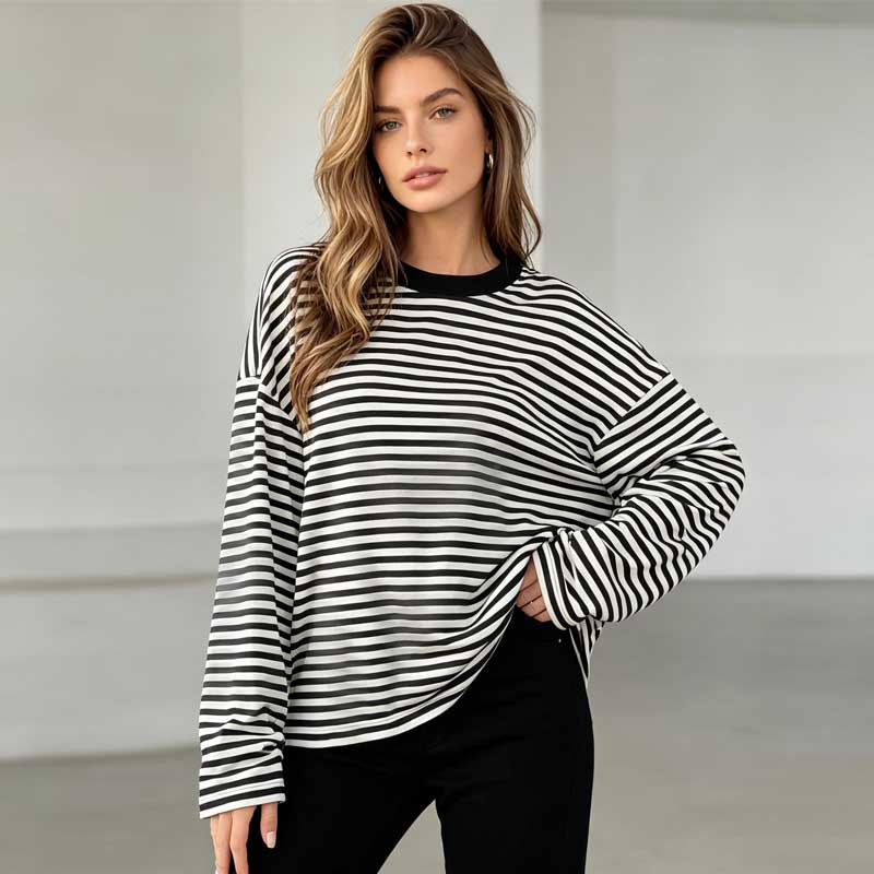 Round Neck Classic Women's Striped T-shirt Long Sleeve Fashion New Tops Spring and Autumn Streetwear Elegant Loose Casual Simple Retro Tee Shirts