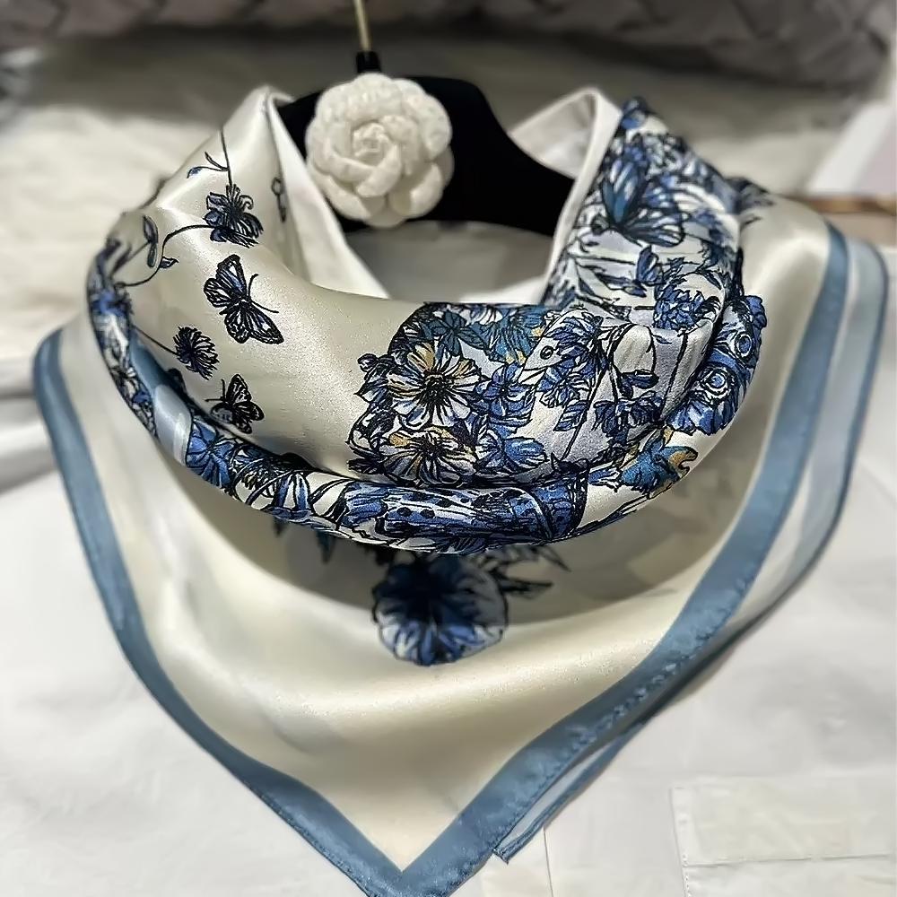 Beige Green Women 100% Silk Scarf Headscarf Fashion Floral Design Square Scarves For Hair 65*65Cm Fashion Neck Scarf Hijab