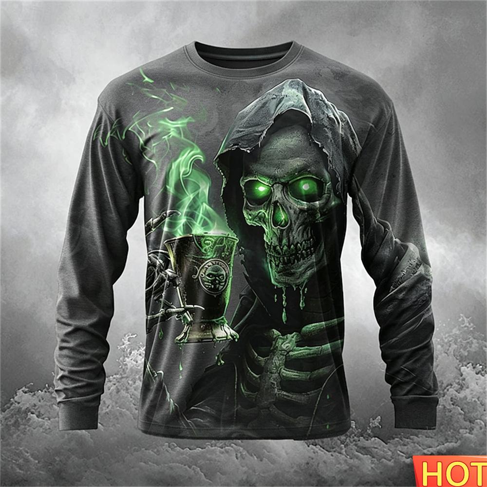 Skeleton Men's Casual Round Neck Long Sleeve Autumn Winter Round Neck Pullover Fashion Streetwear Graphic T-shirts Gifts for Men