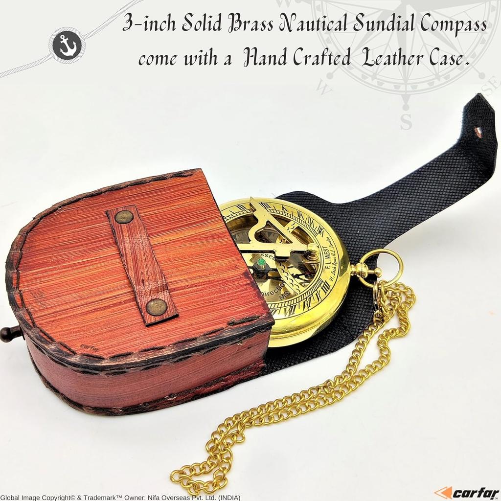 Nautical Sunclock Compass Handmade Solid Brass Vintage Style Sundial Push Open Navigational Compass with Leather Gift Case Best for Your Loved Ones