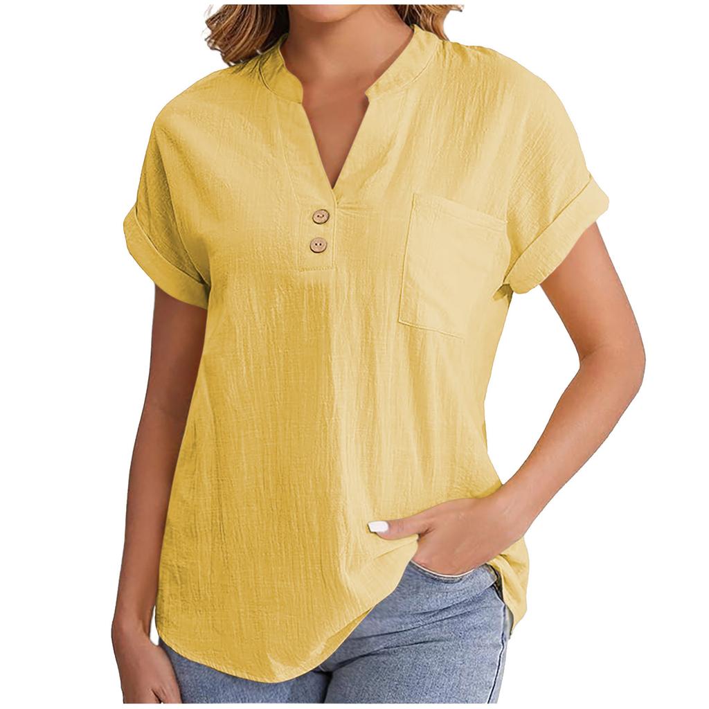 Women's Solid Color V-neck Short Sleeve Button Shirt In Breathable Cotton Linen with Washed Wrinkle, Fashionable European/American Style