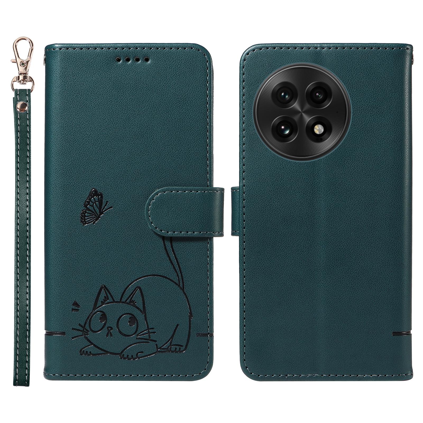 

For OnePlus 13 Wallet Case Cat Pattern Imprint Leather Phone Cover with Wrist Strap F