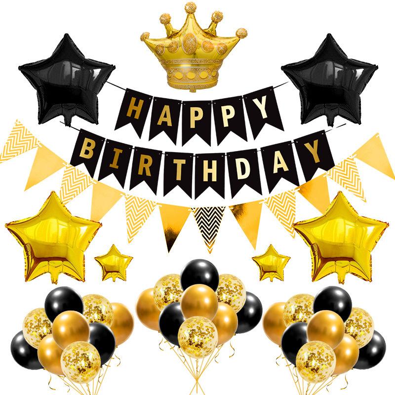 Birthday Flag Balloon Set Black Gold Bronzing Flag Pentagram Sequined Ball Crown Party Decoration