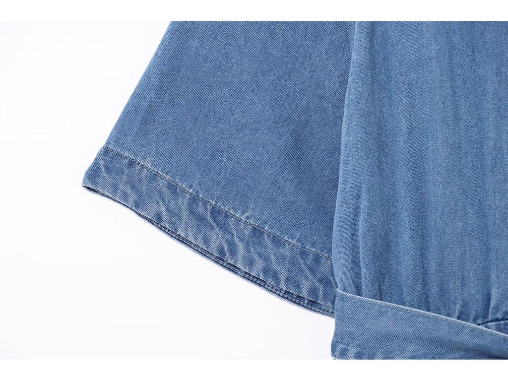 Spring 2025 Retro Lapel Slim-Fit Denim Dress with Belt - European & American Style Women's Short-Sleeve