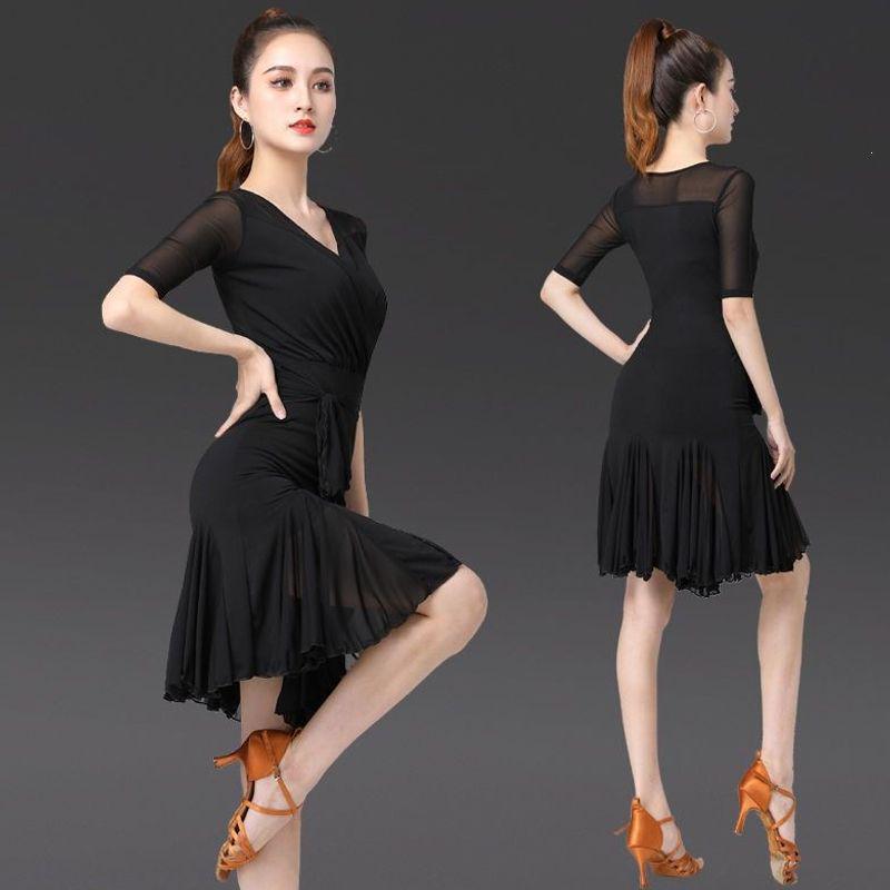 Vestido de Práctica Latino de Baile de Salón Delgado de Manga Corta para Mujer