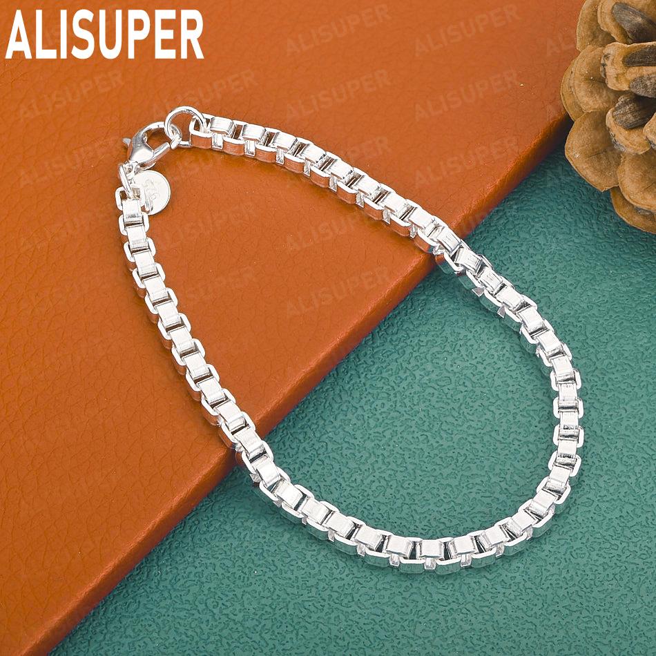 925 Sterling Silver 4mm Square Frame Side Chain Beautiful Bracelet Gift Jewelry 20CM