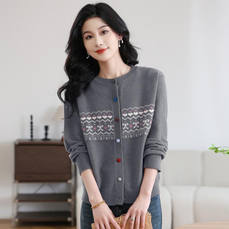 Autumn and Winter New Loose and Comfortable Casual Women's Sweater Retro Contrasting Color Jacquard Knitted Cardigan