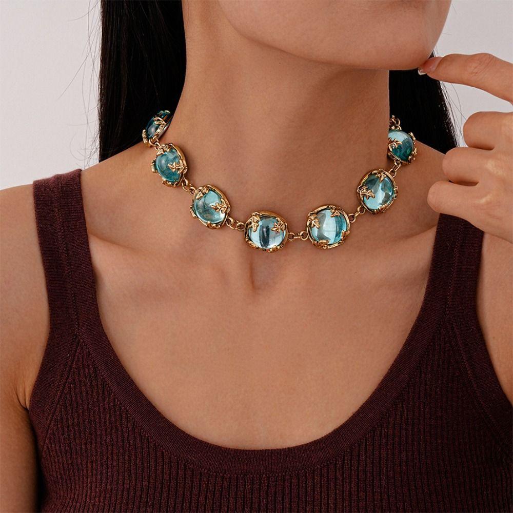Fashion Bracelet Light Luxury Clavicle Chain Minimalism Blue Necklace Earring  Women