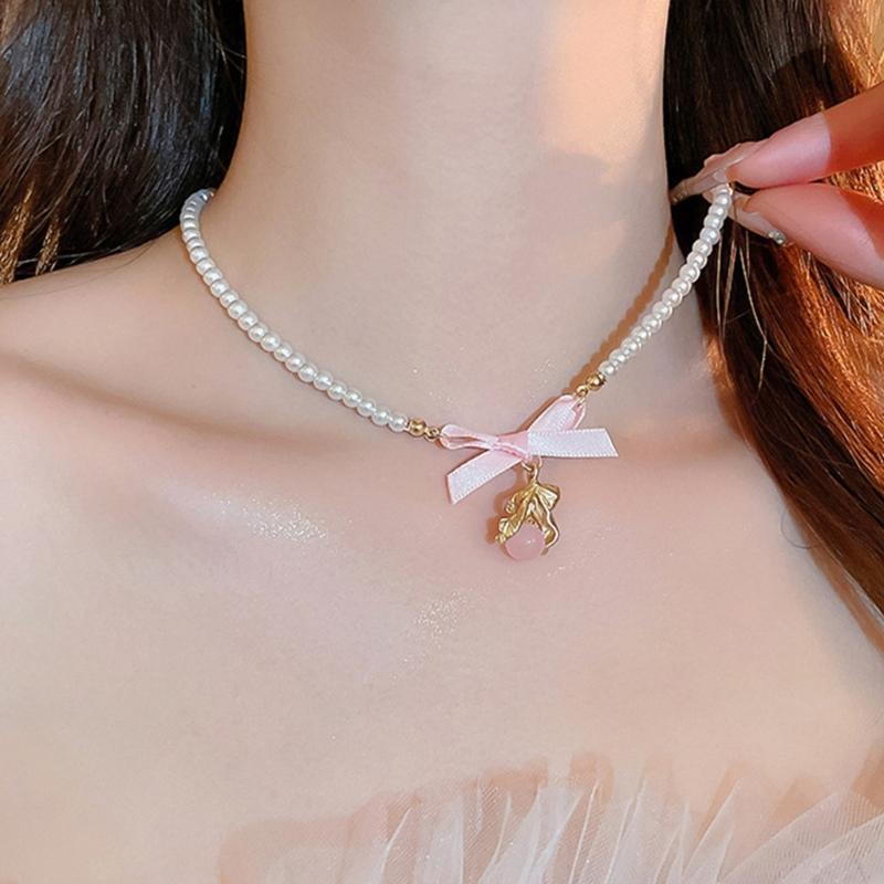 Bohemian Bowknot Pendant Necklace Elegant Choker Pearls Beaded Charm Necklace Neck Chain Fashion Summer Jewelry Gift