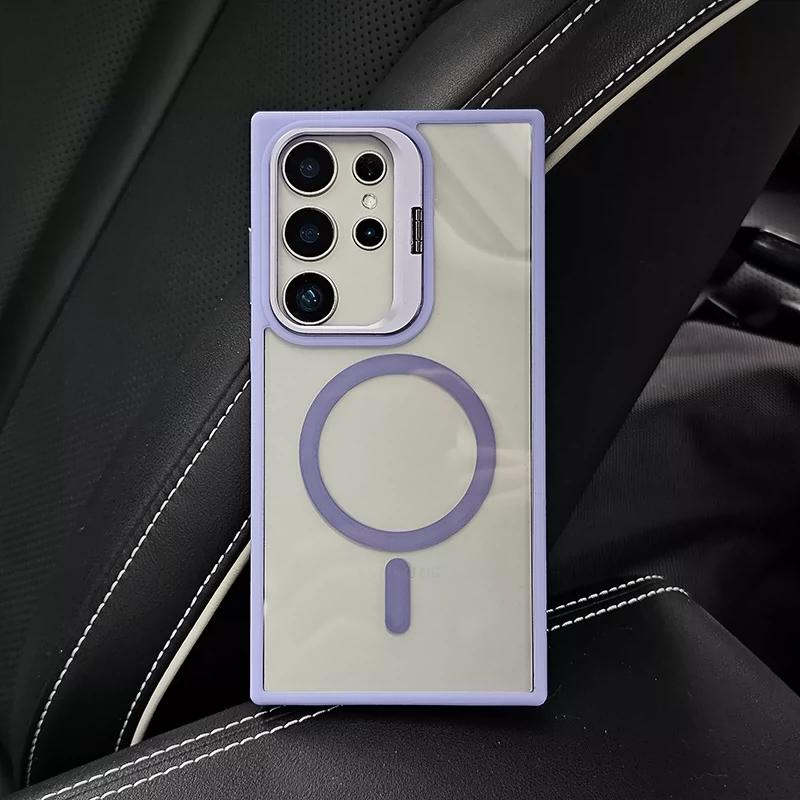 Folding Camera Lens Stand Holder For Magsafe Case For Samsung Galaxy S24 S23 S22 Ultra Plus Clear Hard Acrylic Magnetic Cover