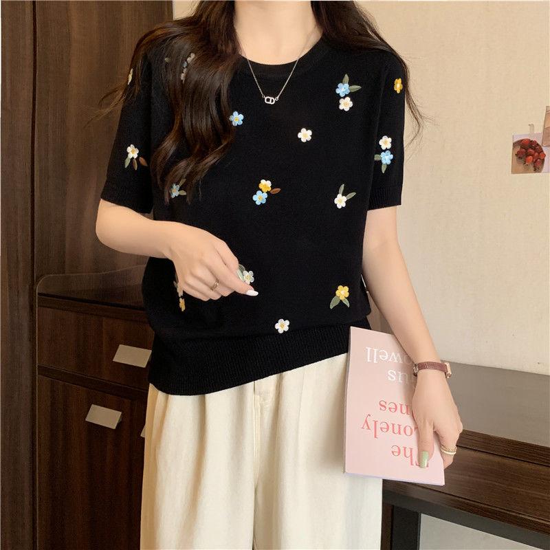 Ice Silk Slimming Temperament Top Women's Design Sense Knitted Shirt Summer Shoulder Short Sleeved T-shirt